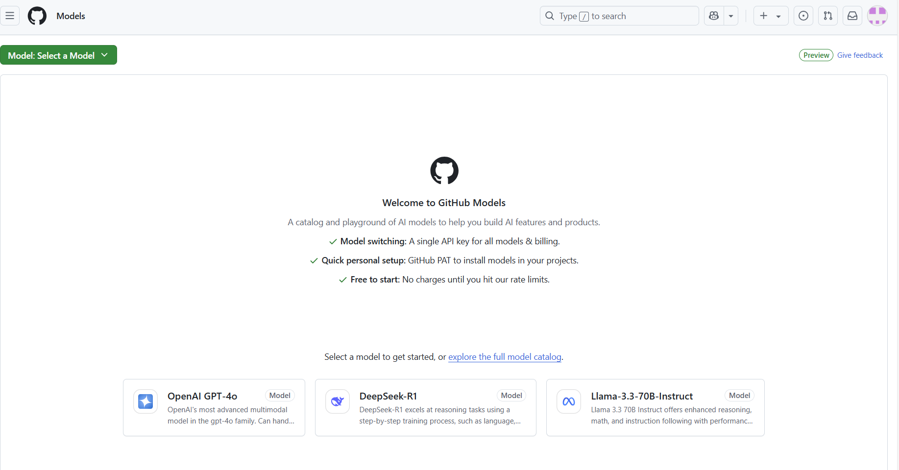 GitHub Models homepage